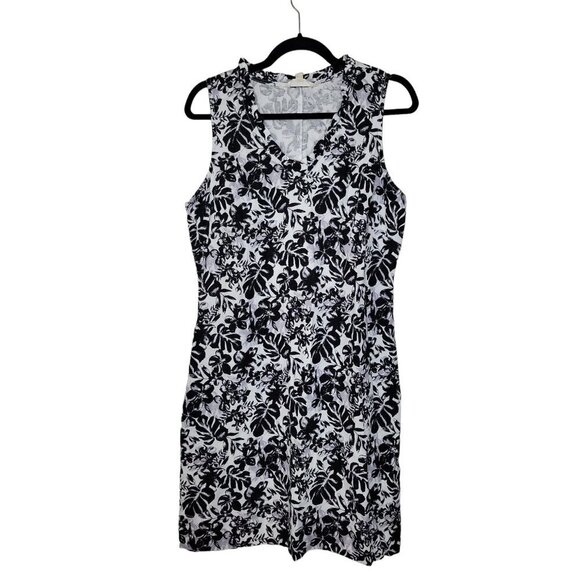 Briggs Tropical Linen Blend Shift Dress Black White Pullover V Neck Sleeveless - Picture 1 of 9